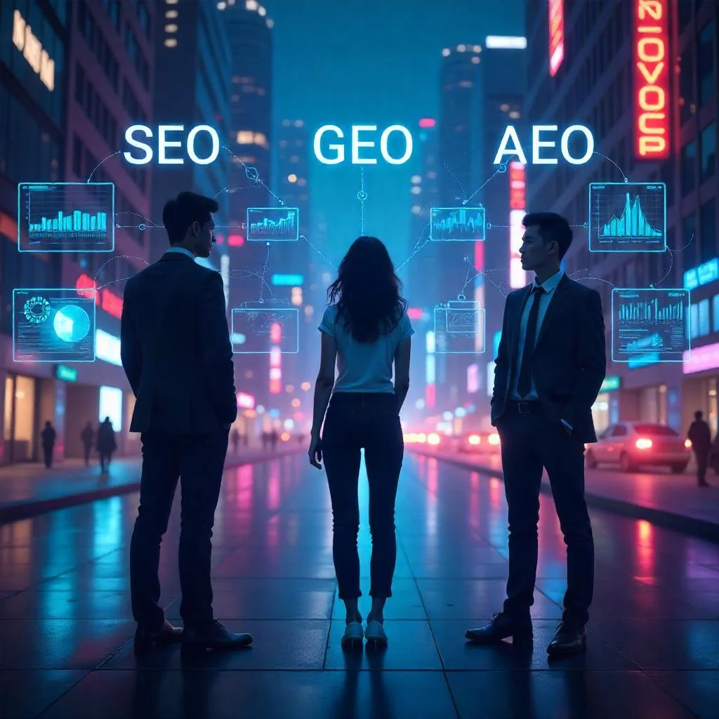 різниця між SEO, AEO, GEO.